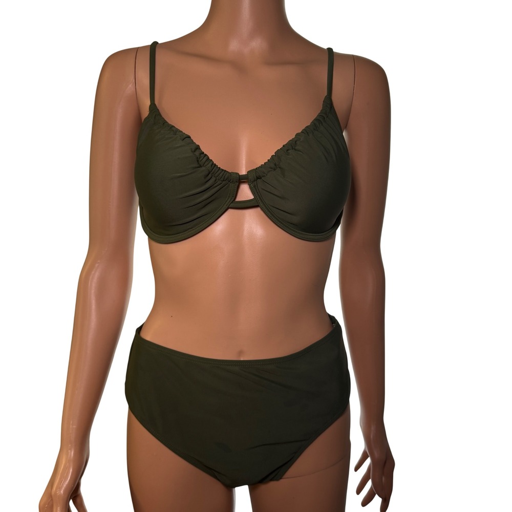 Olive Green Ruched Underwire‎ High Waisted Bikini Set Two Piece Swimsuit Large